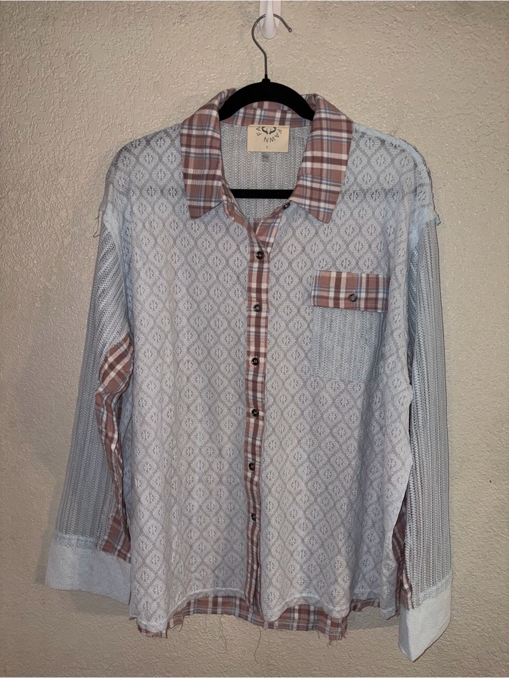 NIP Fantastic Fawn “Sky Blue🩵Blush💗Mixed Media Lace/Plaid Button-Up Shirt” LRG - Picture 9 of 16